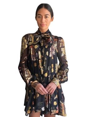 😮Saint Laurent Black Floral Silk Jacquard Mini Flared Dress - 40